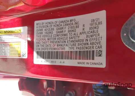 2022 Honda Civic Touring из США, поврежденный, VIN 2HGFE1F93NH307965